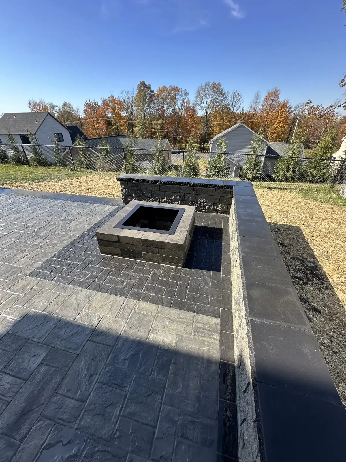 Backyard patio installation with border pavers